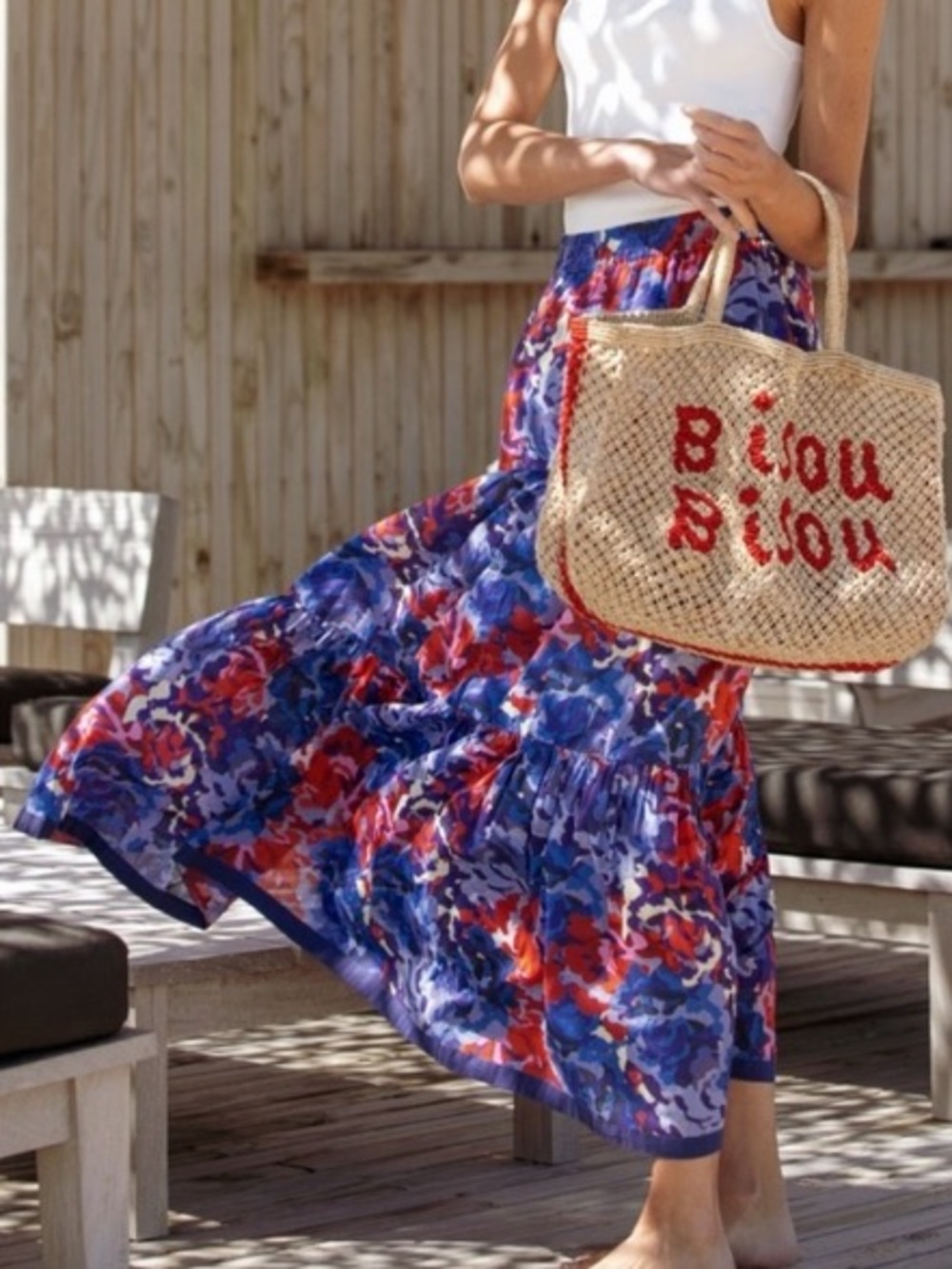 Ro's Garden Vibrant Floral Maxi Skirt Large Elastic Waist Red Blue Cotton